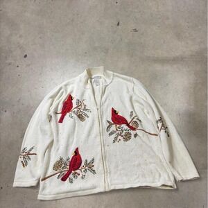 Vintage Carly St. Claire White Cardinal Zip Up Sweater Sequin Embroidered 1X